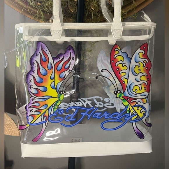 Ed Hardy Transparent Tote with Colorful Butterfly Design - Picture 1 of 3